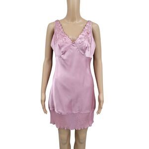 Sears Inner Most Y2K Pink Satin Slip Dress Nightgown Chocolate Brown Embroidery